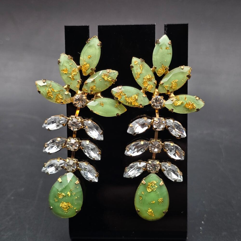 Green Leaf Crystal Drop Earrings - Designer Gold Accent